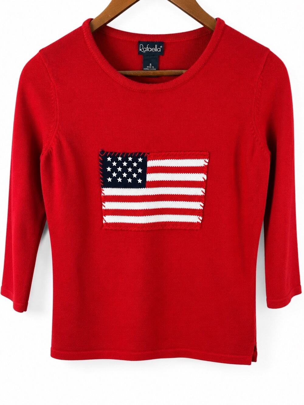 Rafaella Red American Flag Patch 100% Cotton Knit Sweater Women’s S Patriotic